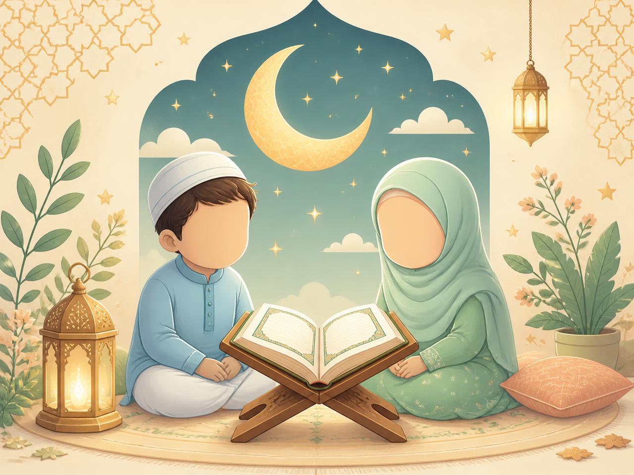 Illustration de deux enfants assis devant un Coran posé sur un rehal, avec croissant de lune, étoiles et lanterne